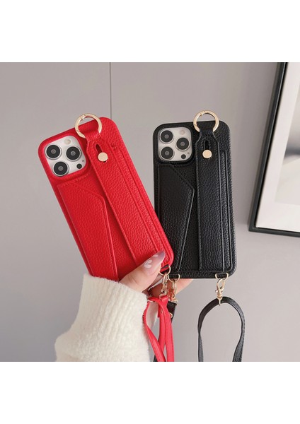 Iphone 15 Plus Kart Tutucu Bileklik Telefon Kasası Pu Deri+Pc Kapak Omuz Kayış Kırmızısı (Yurt Dışından)