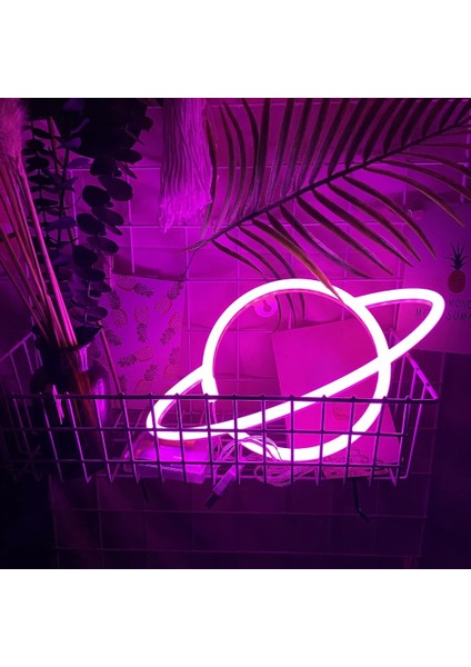 Pembe LED Neon Lamba Eliptik Gezegen Neon Burcu Neon Lamba USB Akülü Ev Dekoratif Duvar Lambası Parti Odası Bar Aydınlatma Dekor (Yurt Dışından)