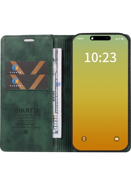 Iphone 15 Pro Case Slim Tpu+Pu Deri Telefon Kabuğu Stand Cüzdan Manyetik Kapak Yeşil (Yurt Dışından)