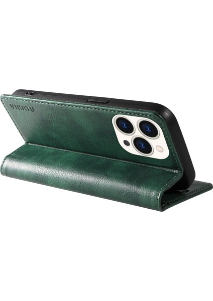 Iphone 15 Pro Case Slim Tpu+Pu Deri Telefon Kabuğu Stand Cüzdan Manyetik Kapak Yeşil (Yurt Dışından)