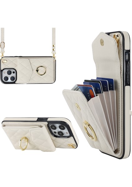 Iphone 13 Pro 6.1 Inç Rfıd Için Pu Deri Bloke+Tpu Telefon Kılıfı Çoklu Kart Yuvaları Halk Kickstand Cover-Beige (Yurt Dışından)