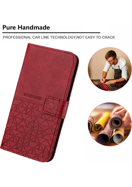 iPhone 14 Plus Içingeometrik Baskılı Cüzdan Kasası Artı Mikrofiber Deri Standı Telefon Kapak Kırmızısı (Yurt Dışından)