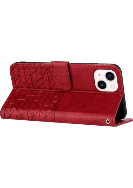 iPhone 14 Plus Içingeometrik Baskılı Cüzdan Kasası Artı Mikrofiber Deri Standı Telefon Kapak Kırmızısı (Yurt Dışından)