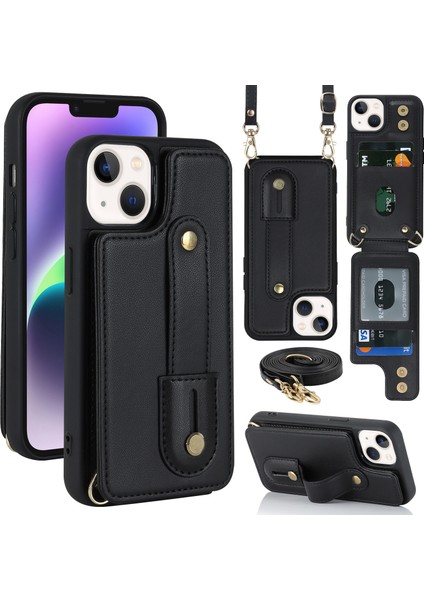Iphone 15 Plus Kart Yuvaları Için Kickstand Kutusu Pu Deri Kaplı Tpu Telefon Kapağı Omuz Kayış-Siyah (Yurt Dışından)