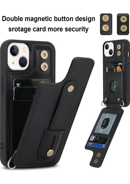 Iphone 15 Plus Kart Yuvaları Için Kickstand Kutusu Pu Deri Kaplı Tpu Telefon Kapağı Omuz Kayış-Siyah (Yurt Dışından) modelleri