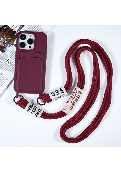 Iphone 15 Pro Soft Slim Koruyucu Kılıf Sıvı Silikon Kart Tutucu Kapak Strap-Wine Kırmızı (Yurt Dışından)