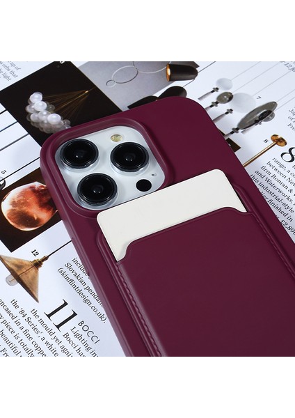 Iphone 15 Pro Soft Slim Koruyucu Kılıf Sıvı Silikon Kart Tutucu Kapak Strap-Wine Kırmızı (Yurt Dışından)