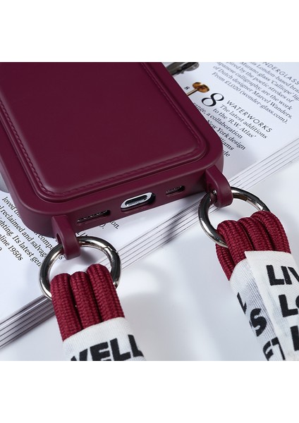 Iphone 15 Pro Soft Slim Koruyucu Kılıf Sıvı Silikon Kart Tutucu Kapak Strap-Wine Kırmızı (Yurt Dışından)