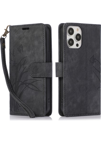 Iphone 13 Pro Deri Cüzdan Kılıfı Strap Orkide Kelebek Desen-Black (Yurt Dışından)