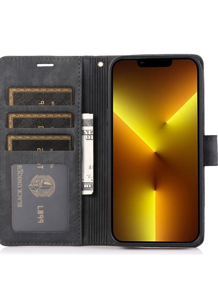 Iphone 13 Pro Deri Cüzdan Kılıfı Strap Orkide Kelebek Desen-Black (Yurt Dışından)
