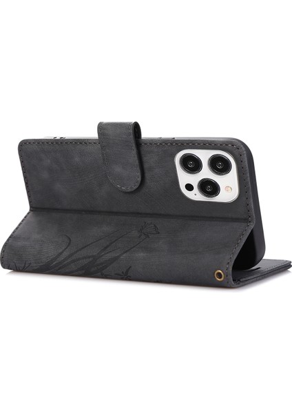 Iphone 13 Pro Deri Cüzdan Kılıfı Strap Orkide Kelebek Desen-Black (Yurt Dışından)