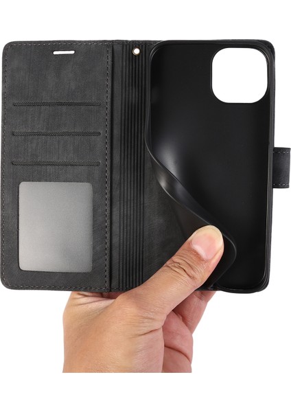 Iphone 13 Pro Deri Cüzdan Kılıfı Strap Orkide Kelebek Desen-Black (Yurt Dışından)