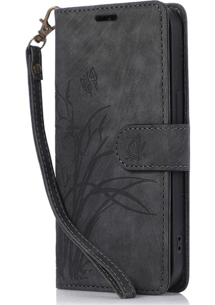 Iphone 13 Pro Deri Cüzdan Kılıfı Strap Orkide Kelebek Desen-Black (Yurt Dışından)