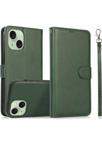 Iphone 15 Plus Pu Deri Cüzdan Stand Telefon Kılıfı Çıkarılabilir 2-1'ör Kapak Yeşili (Yurt Dışından)