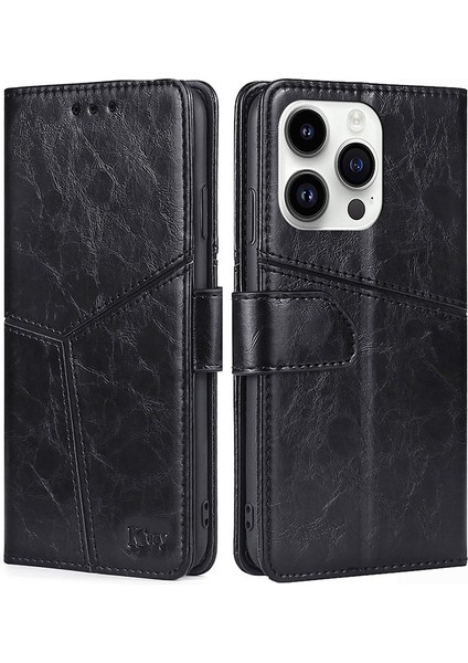 Iphone 15 Pro Geometrik Deri Telefon Kılıf Anti-Drop Stand Cüzdan Kapak Black Için (Yurt Dışından)