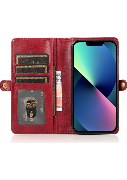 Iphone 13 6.1 Inç Çıkarılabilir 2-1 Arada Tpu+Pu Deri Cüzdan Kapağı Kayış Kırmızılı (Yurt Dışından) modelleri