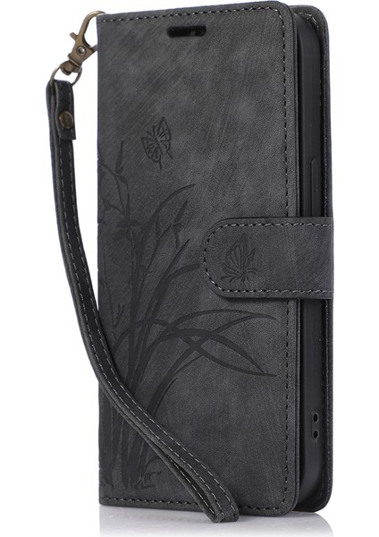 Iphone 15 Pro Deri Flip Cover Orchid Kelebek Cüzdan Kılıfı Strap-Black (Yurt Dışından) fırsatları