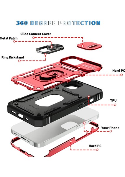 Iphone 15 Plus Pc+Tpu Kickstand Case Card Tutucu Telefon Kablosu Kameralı Kapak-Kırmızı+Siyah (Yurt Dışından)