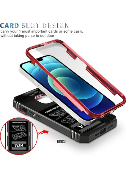 Iphone 15 Plus Pc+Tpu Kickstand Case Card Tutucu Telefon Kablosu Kameralı Kapak-Kırmızı+Siyah (Yurt Dışından)