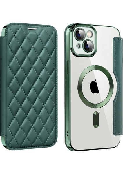 iPhone 14 Plus Için Dahili Lens Film Deri Kart Tutucu Telefon Kılıfı Rfıd Blokitasyon Anti-Düşme Kapak Magsafe-Blackish Green ile Uyumlu (Yurt Dışından)