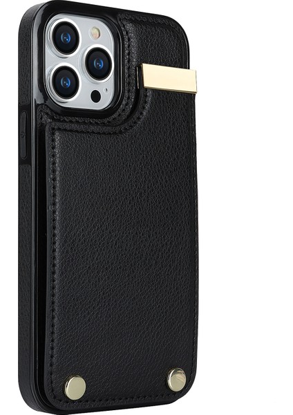 Iphone 13 Pro Tpu+Pu Deri+Metal Donanım Telefon Kapağı Kart Tutucu Black ile (Yurt Dışından)