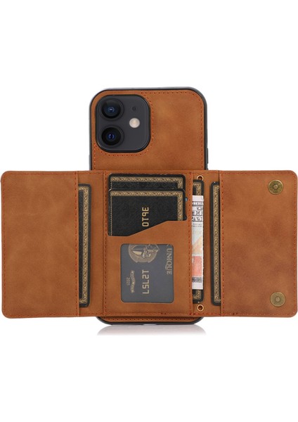 Iphone 12 Mini 5.4 Inç Için Manyetik Düğme Üç Katlı Cüzdan Kickstand Pu Deri Kaplı Tpu Kapak Kahverengi (Yurt Dışından)