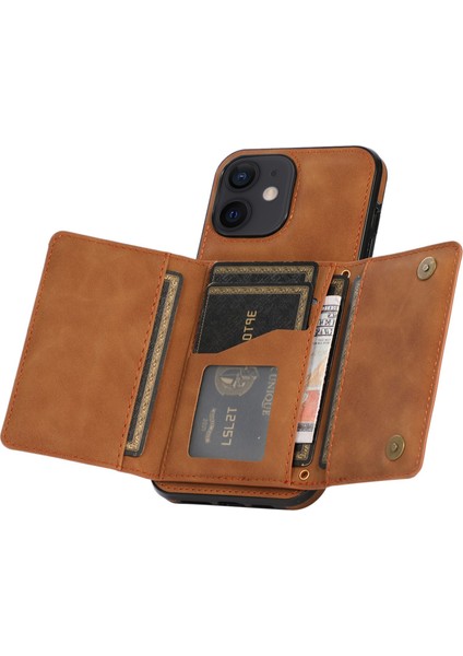 Iphone 12 Mini 5.4 Inç Için Manyetik Düğme Üç Katlı Cüzdan Kickstand Pu Deri Kaplı Tpu Kapak Kahverengi (Yurt Dışından)