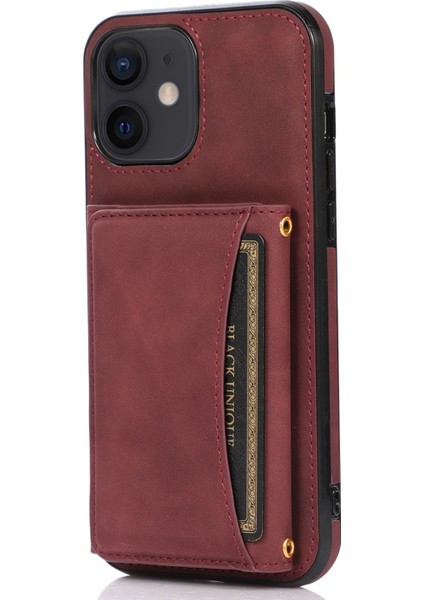 Iphone 12 Mini 5.4 Inç Için Manyetik Düğme Üçlü Cüzdan Kickstand Pu Deri Kaplamalı Tpu Kapak Kırmızısı (Yurt Dışından)