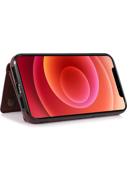 Iphone 12 Mini 5.4 Inç Için Manyetik Düğme Üçlü Cüzdan Kickstand Pu Deri Kaplamalı Tpu Kapak Kırmızısı (Yurt Dışından)