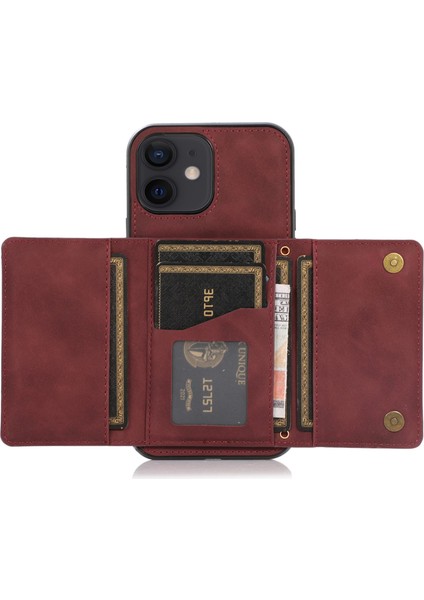 Iphone 12 Mini 5.4 Inç Için Manyetik Düğme Üçlü Cüzdan Kickstand Pu Deri Kaplamalı Tpu Kapak Kırmızısı (Yurt Dışından)