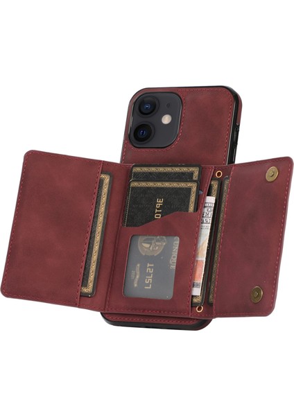 Iphone 12 Mini 5.4 Inç Için Manyetik Düğme Üçlü Cüzdan Kickstand Pu Deri Kaplamalı Tpu Kapak Kırmızısı (Yurt Dışından)