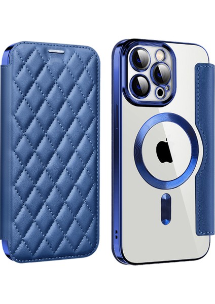 Iphone 12 Pro 6.1 Inç Rfıd Için Lens Film Rhombus Deri Kart Tutucu ile Magsafe-Sapfire ile Uyumlu Kılıf (Yurt Dışından)