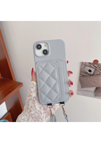 Iphone 15 Pro Rhomboid Dikiş Litchi Doku Pu Pu Kart Tutucu Omuz Kayışı Mavisi Gri ile Telefon Kılıfı (Yurt Dışından)
