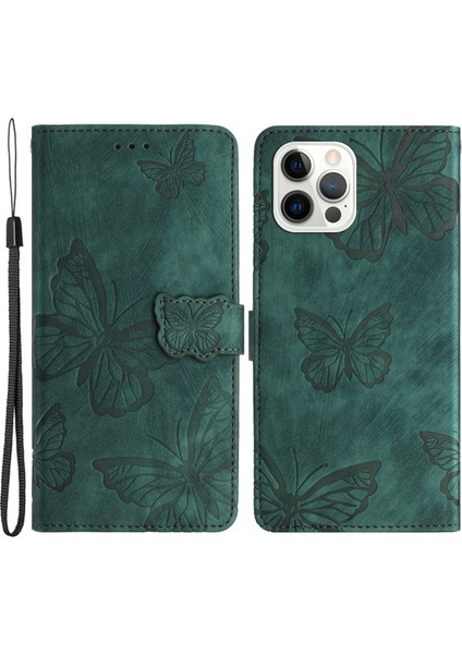 Iphone 15 Pro Baskılı Kelebekler Için Stand Kapağı Telefon Kılıfı Strap-Green ile Cilt Touch Pu Deri Cüzdan (Yurt Dışından)