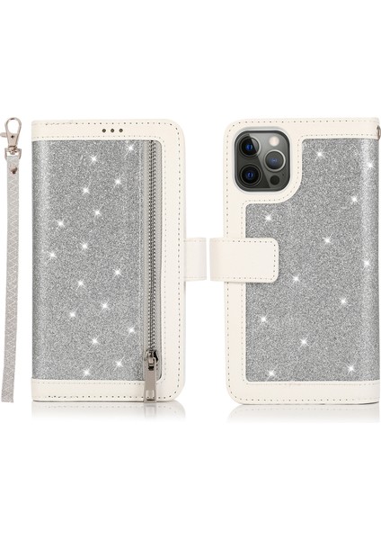 IPhone 13 Pro Cep Telefonu Kılıfı Strap Glitter Powder 9 Kart Tutucu Deri Kapak Silver (Yurt Dışından)