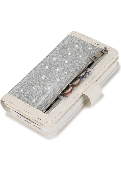 IPhone 13 Pro Cep Telefonu Kılıfı Strap Glitter Powder 9 Kart Tutucu Deri Kapak Silver (Yurt Dışından)