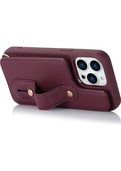 Iphone 15 Pro Pu Deri Kaplamalı Tpu Telefon Kapak Kart Yuvaları Kickstand Case Omuz Kayışı Koşu Kırmızısı (Yurt Dışından) modelleri