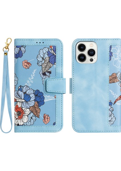 Kart Yuvaları Deri Kılıf Iphone 15 Pro Çiçek Desen Baskı Cep Telefonu Stand Kapak Baby Mavi (Yurt Dışından)