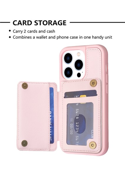 Iphone 15 Pro Max Maksimum Damla Geçirmez Kart Tutucu Kickstand Pu Deri Kaplamalı Tpu Kapak Pembe (Yurt Dışından)