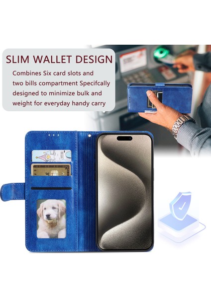 Iphone 14 Pro Max Kılıfı Için Stand Çılgın At Doku Deri Kapak Kart Yuvaları Mavisi (Yurt Dışından)