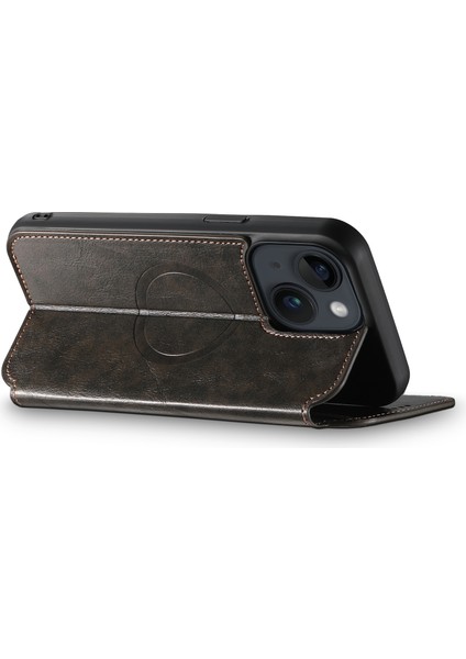 Iphone 15 Plus Case Stand Cüzdan Deri Deri Toz Değerli Telefon Kapağı Magsafe-Black ile Uyumlu (Yurt Dışından)