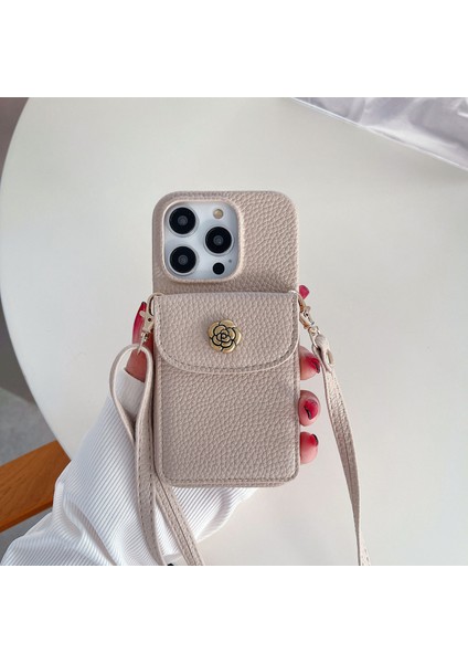 Iphone 15 Plus Anti-Fall Pu Deri Kaplamalı Pc Kılıfı Camellia Dekor Kart Tutucu Telefon Kapağı Omuz Askılı Işık Haki (Yurt Dışından)