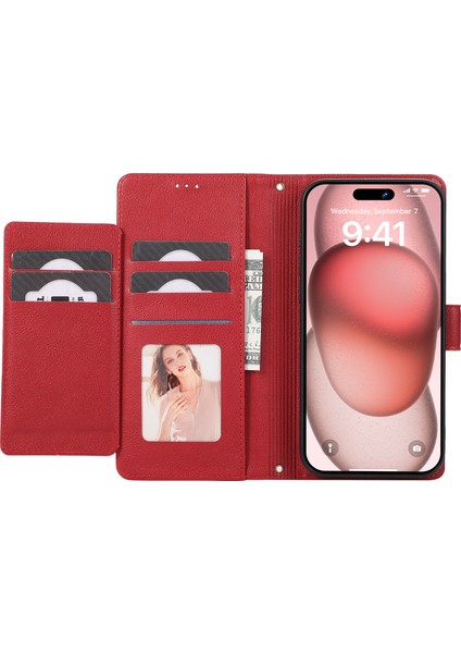 Iphone 12/12 Pro 6.1 Inç Kasa Pu Deri Cüzdan Telefon Kapağı 2 Kayış Kırmızısı (Yurt Dışından)