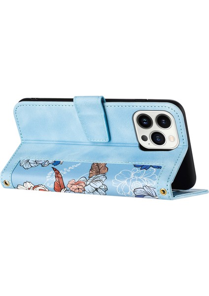 Kart Yuvaları Deri Kılıf Iphone 15 Pro Çiçek Desen Baskı Cep Telefonu Stand Kapak Baby Mavi (Yurt Dışından) fırsatları