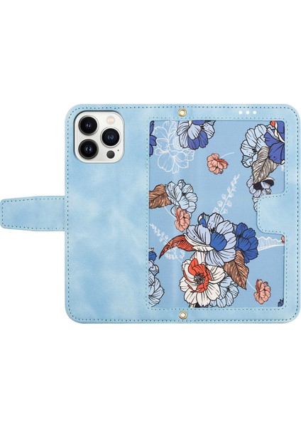Kart Yuvaları Deri Kılıf Iphone 15 Pro Çiçek Desen Baskı Cep Telefonu Stand Kapak Baby Mavi (Yurt Dışından) indirimleri