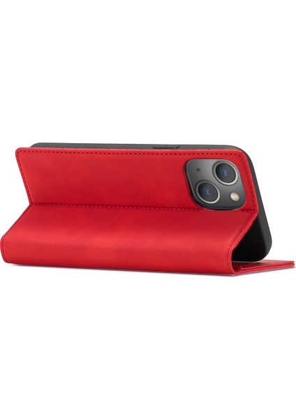 Iphone 15 Plus Stand Cüzdan Manyetik Kapatma Mikrofiber Deri Telefon Kapak Kırmızısı Için Cep Telefonu Kılıfı (Yurt Dışından)