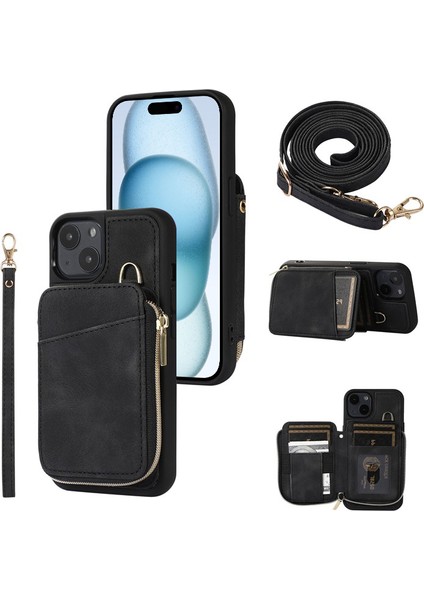 Iphone 15 Plus Için Kickstand Deri Kaplamalı Tpu Kılıfı Plus Fermuar Cüzdan Cep Telefonu Kapak Black (Yurt Dışından)