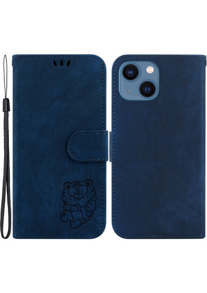 iPhone 14 Plus Içinplus Sevimli Kaplan Izleme Önleyici Anti-Damla Telefon Kabuğu Pu Deri Cüzdan Standı Vaka-Karanlık Mavi (Yurt Dışından)