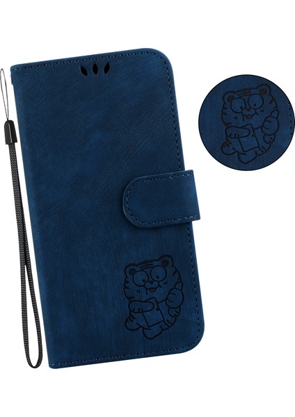 iPhone 14 Plus Içinplus Sevimli Kaplan Izleme Önleyici Anti-Damla Telefon Kabuğu Pu Deri Cüzdan Standı Vaka-Karanlık Mavi (Yurt Dışından)