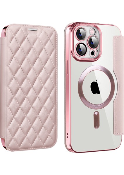Iphone 13 Pro 6.1 Inç Rhombus Deri Kasa Için Magsafe Rfıd Engelleme Kart Tutucu Kapağı Lens Film-Pembe ile Uyumlu (Yurt Dışından)